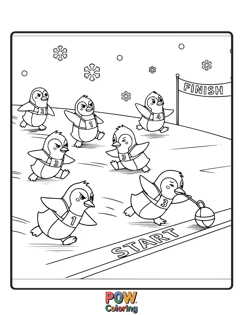 Free coloring page of Chubby penguins waddle with determination, flippers flapping, in a slippery, icy race towards a finish line.