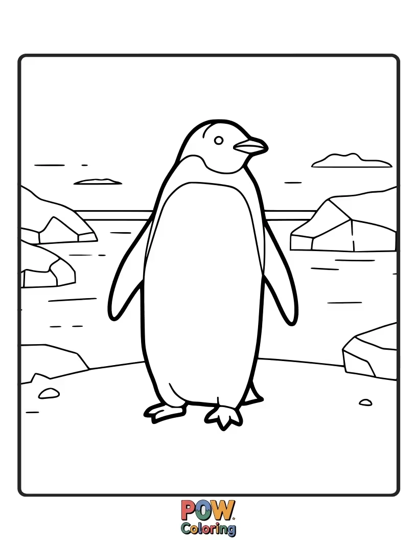 Free coloring page of A penguin amidst the vast, icy plains of Antarctica. This majestic scene encourages the use of cool tones and a sense of vastness.