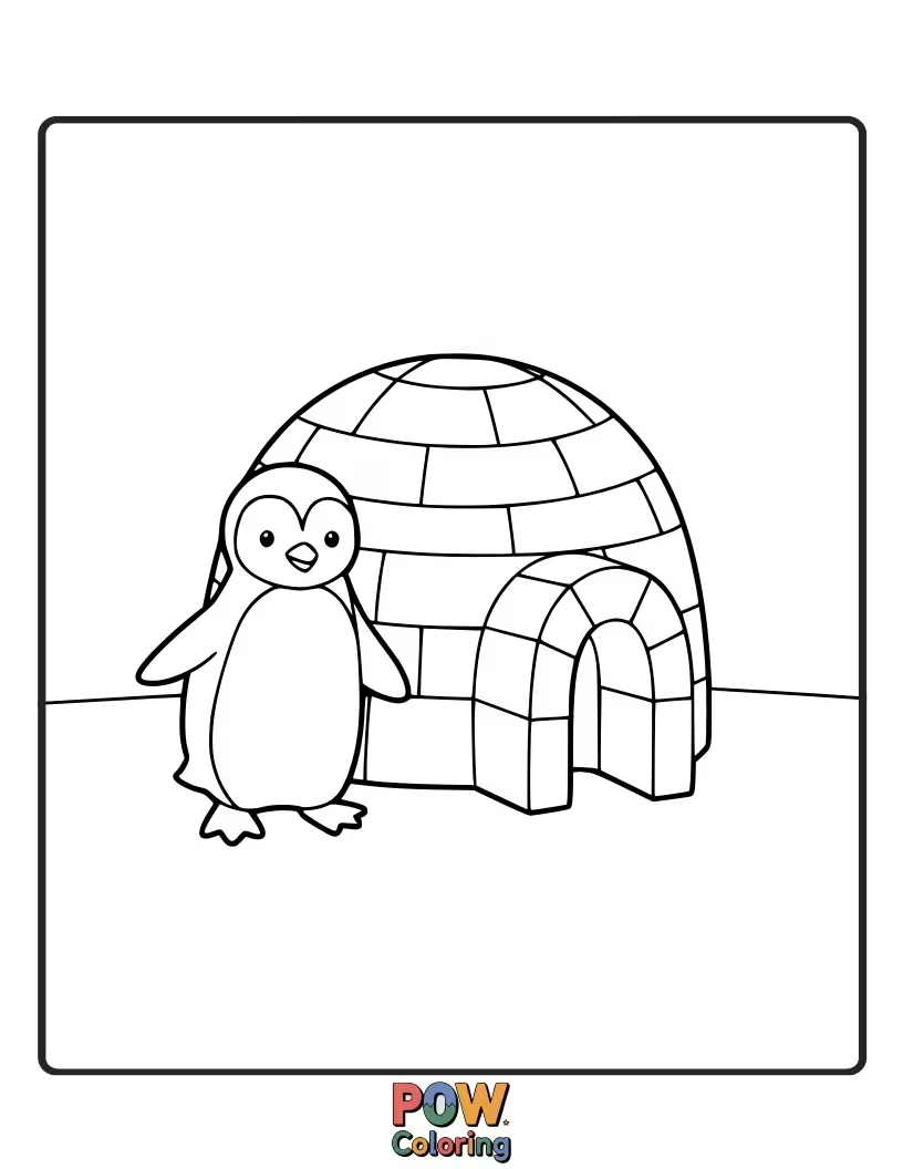 Free coloring page of A penguin peeking out from its cozy igloo home. This scene invites children to color a winter wonderland and a safe dwelling.