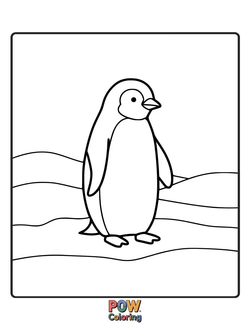 Free coloring page of A cute penguin standing on a snowy landscape, with snowflakes falling gently. This design encourages creativity with icy blues and whites.