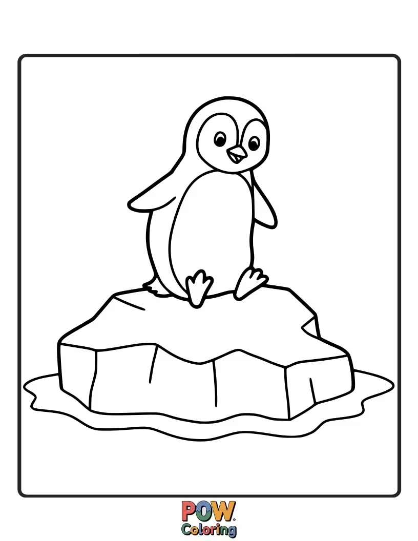Free coloring page of A majestic penguin standing proudly on a large iceberg. This image provides a sense of scale and encourages coloring of blues and whites.