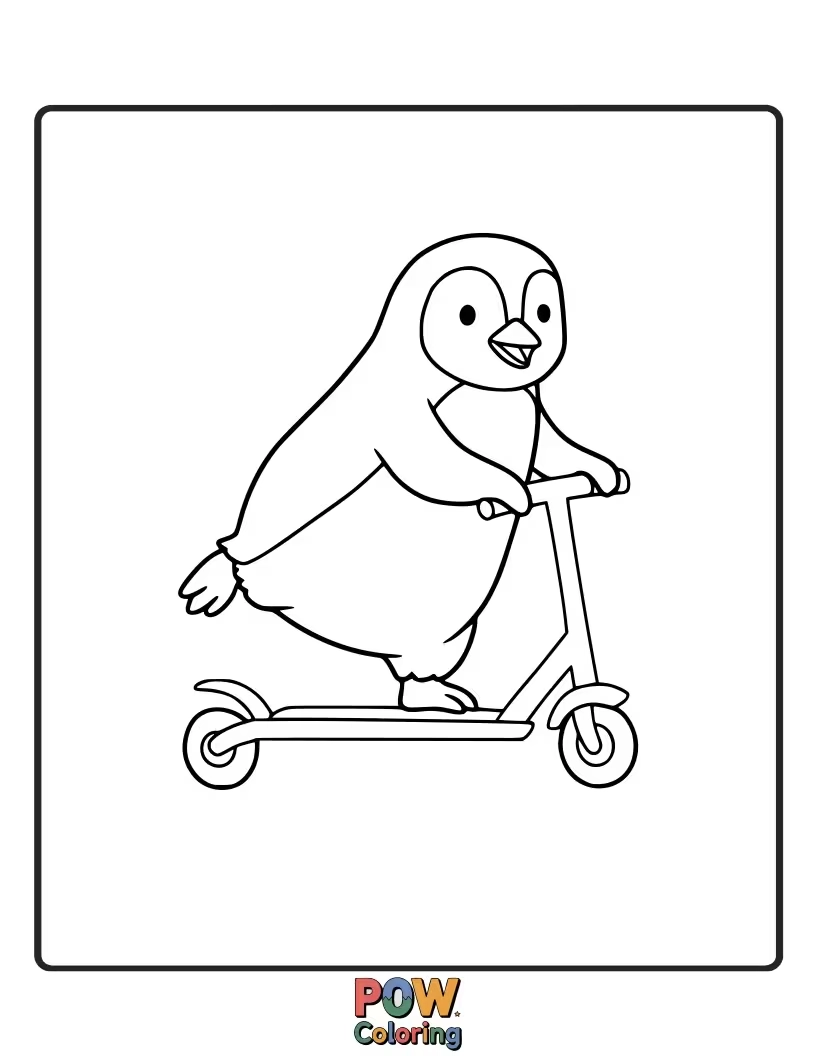 Free coloring page of A speedy penguin riding a fun scooter. This active image is great for encouraging energetic coloring and bright color palettes.