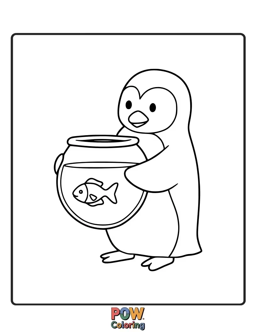 Free coloring page of A playful penguin trying to catch a fish in a small bowl. This imaginative scene allows for creative interpretation of water and fish colors.