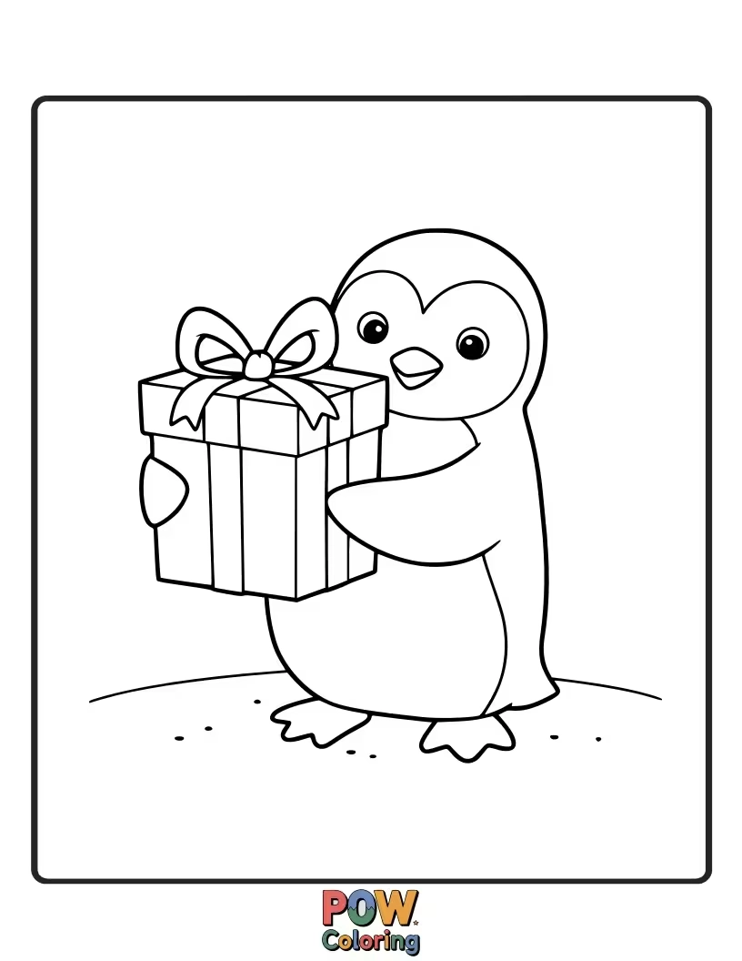 Free coloring page of A happy penguin holding a beautifully wrapped gift. This heartwarming scene is perfect for teaching about giving and receiving.