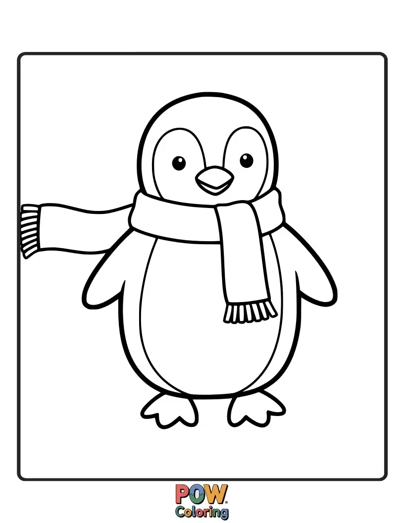 Free coloring page of A cozy penguin wearing a warm, knitted scarf. This winter-themed coloring page is excellent for practicing color blending and detail.