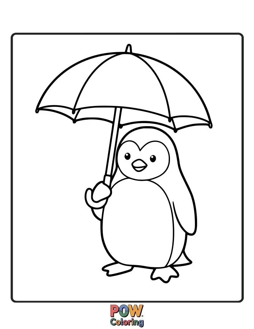 Free coloring page of A well-prepared penguin using an umbrella against the snow. This quirky scene offers opportunities to color various patterns on the umbrella.