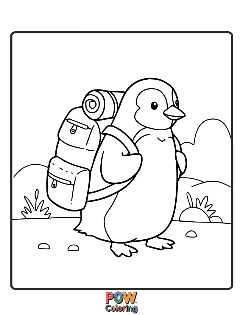 Free coloring page of An adventurous penguin ready for a journey with its backpack. This design encourages imagination about where the penguin is going.
