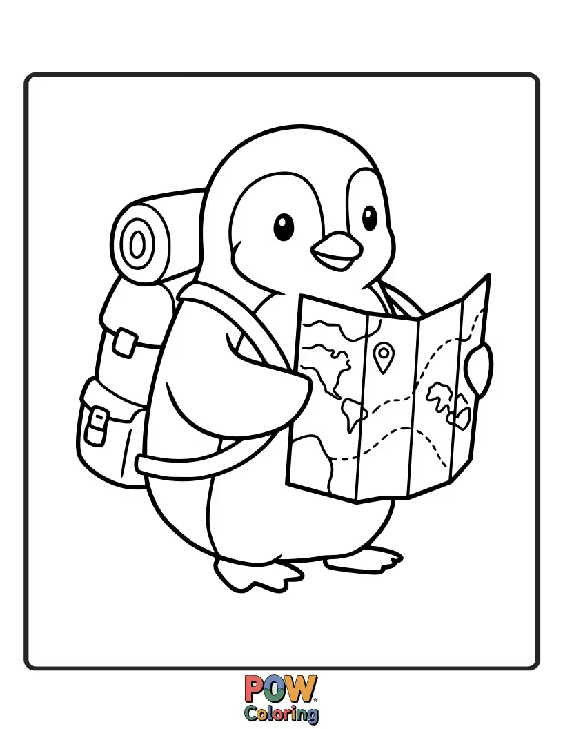 Free coloring page of An explorer penguin with a backpack and map, ready for adventure. This design sparks imagination and encourages coloring of adventurous settings.