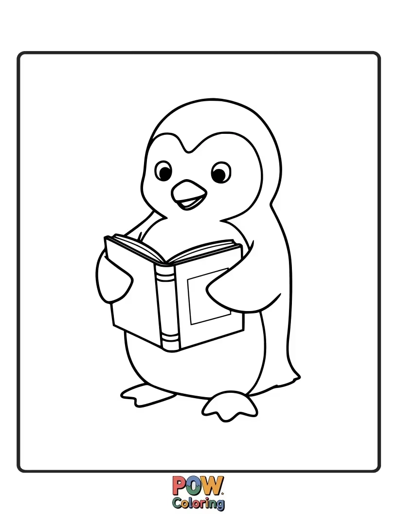 Free coloring page of A thoughtful penguin engrossed in reading a book. This quiet scene inspires imagination and the choice of colors for the book's cover.