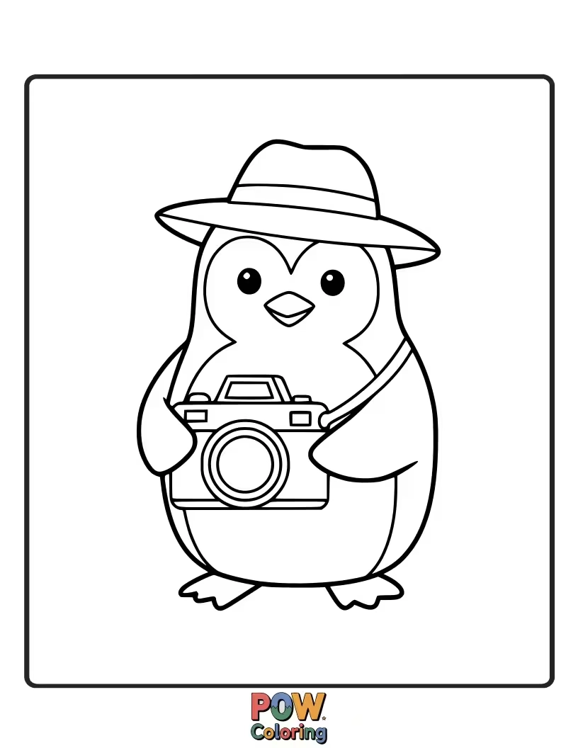 Free coloring page of A curious penguin with a camera, ready to capture a photo. This encourages children to think about scenes they might want to photograph.