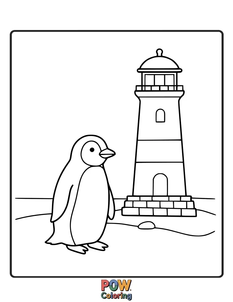 Free coloring page of A watchful penguin standing near a guiding lighthouse. This scene is perfect for coloring coastal landscapes and the beacon's light.