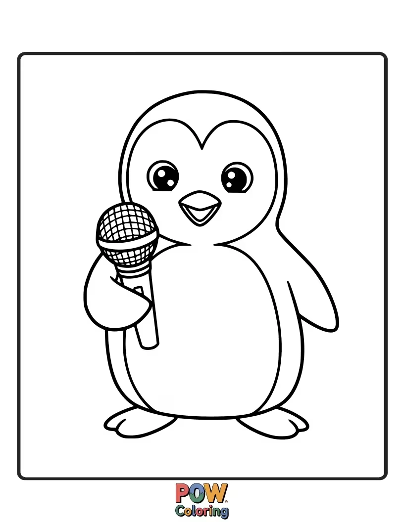 Free coloring page of A confident penguin ready to sing into a microphone. This fun, musical theme allows for bold color choices and imaginative performance.