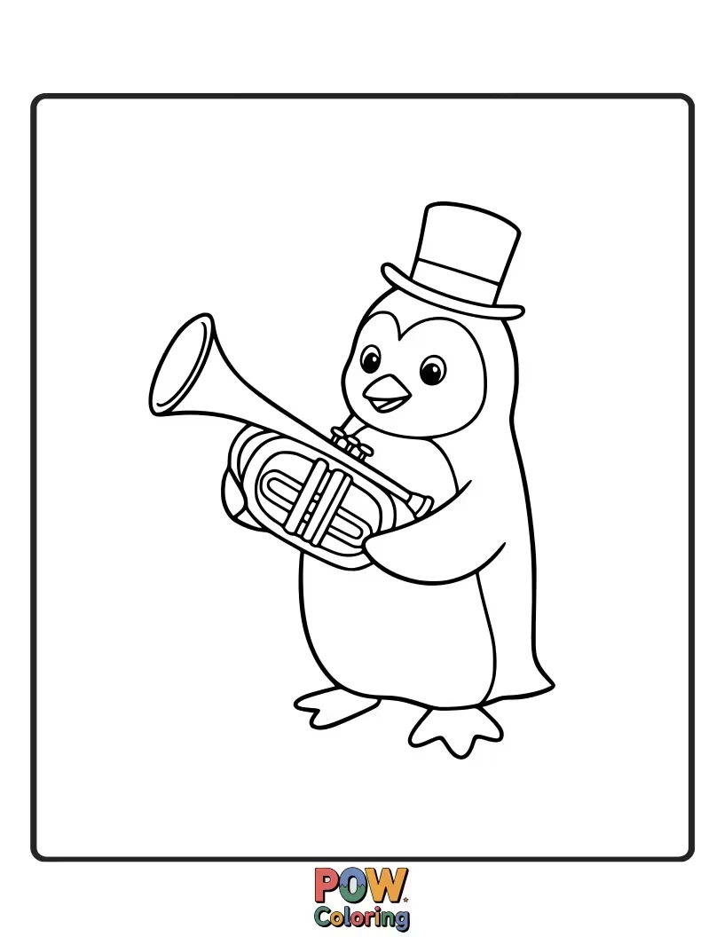 Free coloring page of A musical penguin playing a delightful instrument. This page sparks creativity with colorful instruments and imaginative melodies.