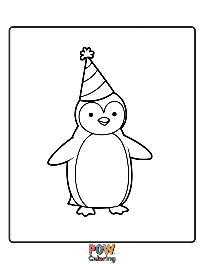 Free coloring page of A festive penguin celebrating with a party hat. This joyous design is perfect for birthday themes and bright, cheerful colors.