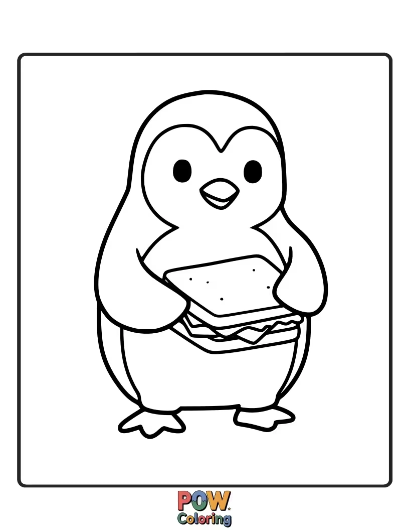 Free coloring page of A contented penguin enjoying a delicious sandwich. This simple scene allows for creative food coloring and fun sandwich fillings.