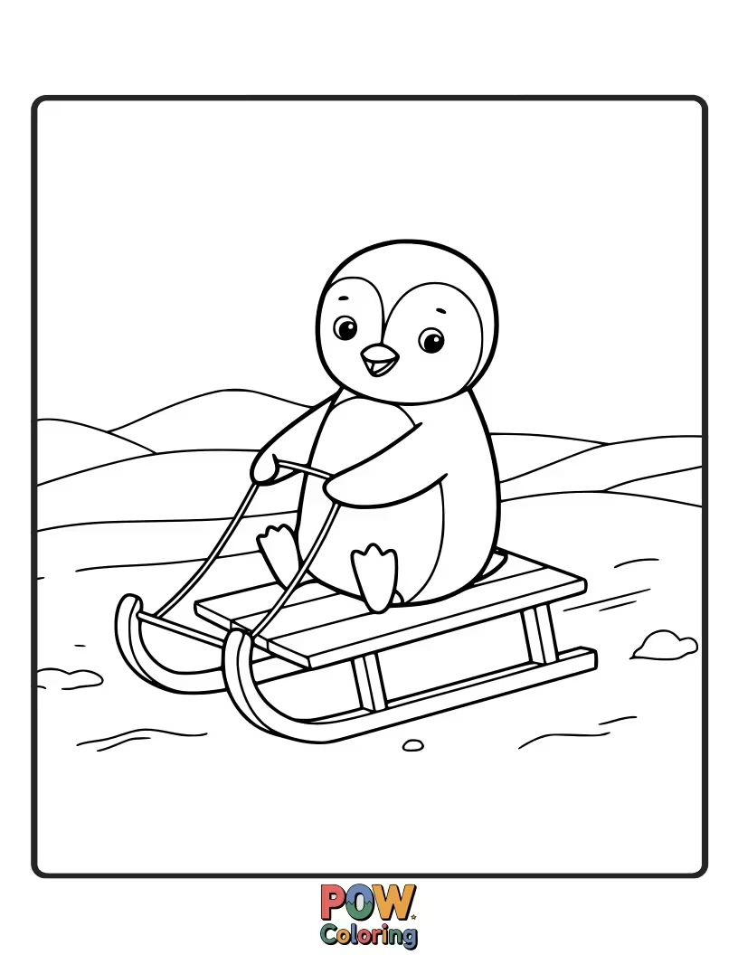 Free coloring page of An excited penguin ready to ride a sled down a snowy hill. This dynamic image encourages vibrant winter colors and a sense of fun.