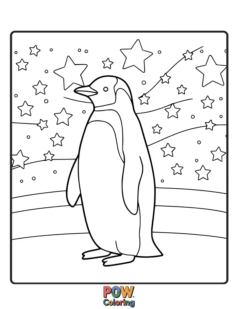 Free coloring page of A peaceful penguin gazing up at a beautiful starry night sky. This scene is perfect for using dark blues, purples, and glittering yellows.