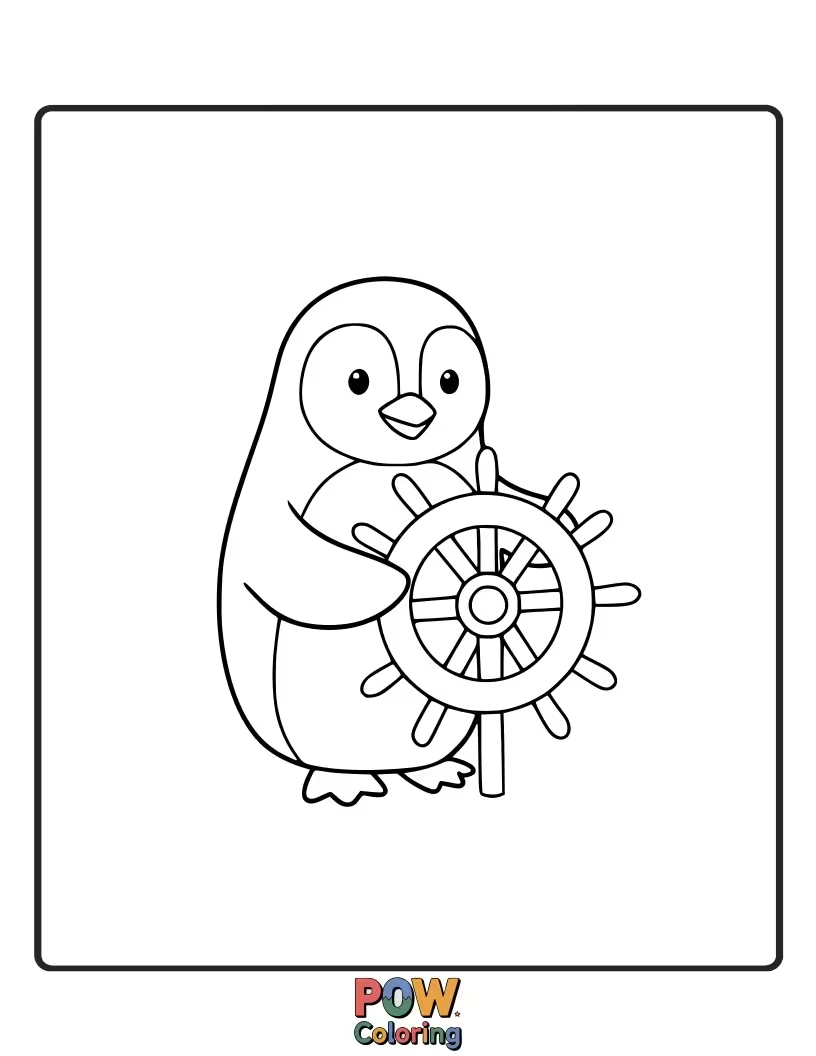 Free coloring page of A determined penguin at the helm of a ship. This imaginative scene allows for coloring of the ocean, sky, and ship details.