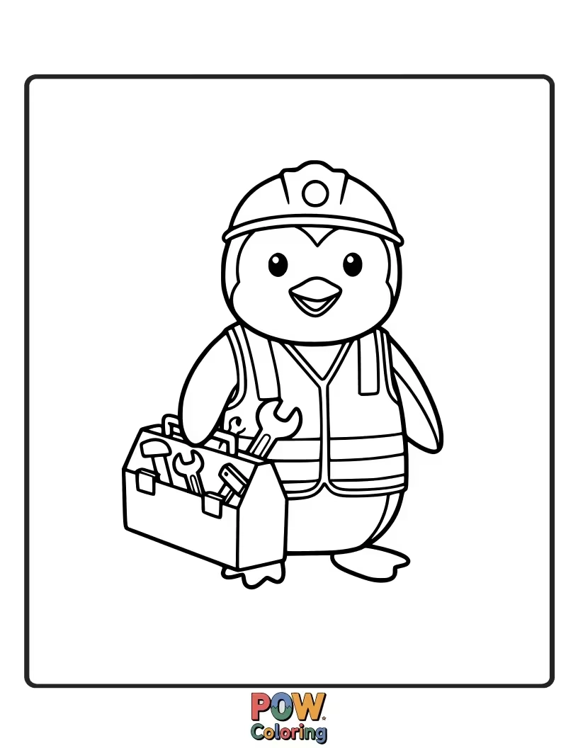 Free coloring page of A handy penguin with a toolbox, ready for repairs. This imaginative page encourages kids to think about tools and building.