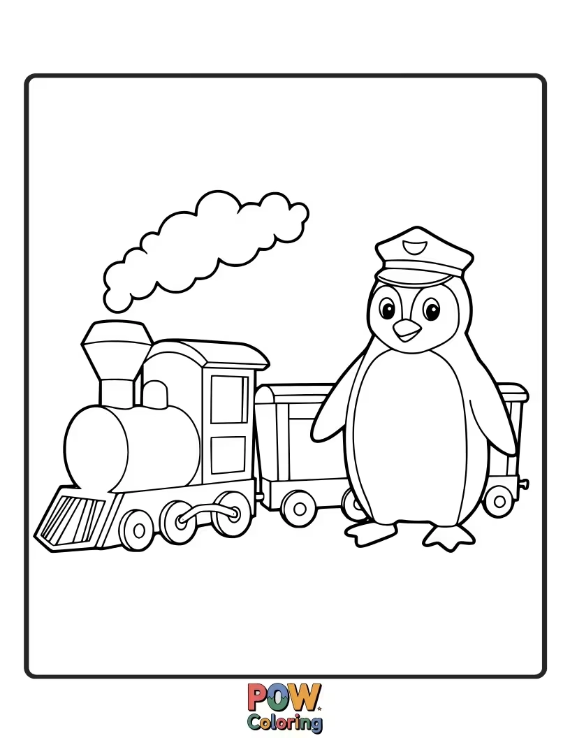 Free coloring page of A playful penguin enjoying a ride on a toy train. This scene is wonderful for young children and encourages colorful train designs.