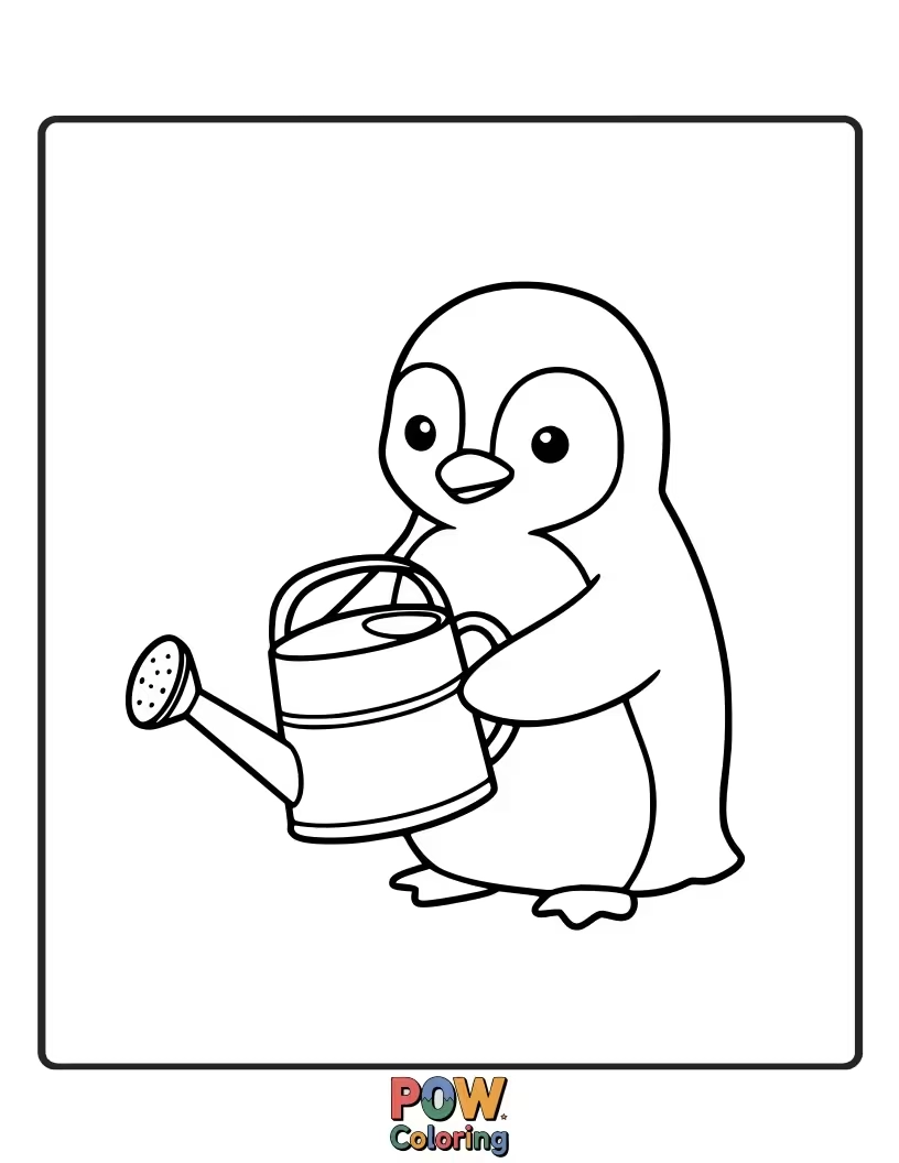 Free coloring page of A gentle penguin watering a small plant. This nature-themed page is lovely for exploring greens and earth tones.
