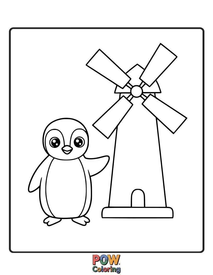 Free coloring page of A charming penguin standing near a rustic windmill. This scene offers opportunities to color a countryside setting and the windmill's blades.