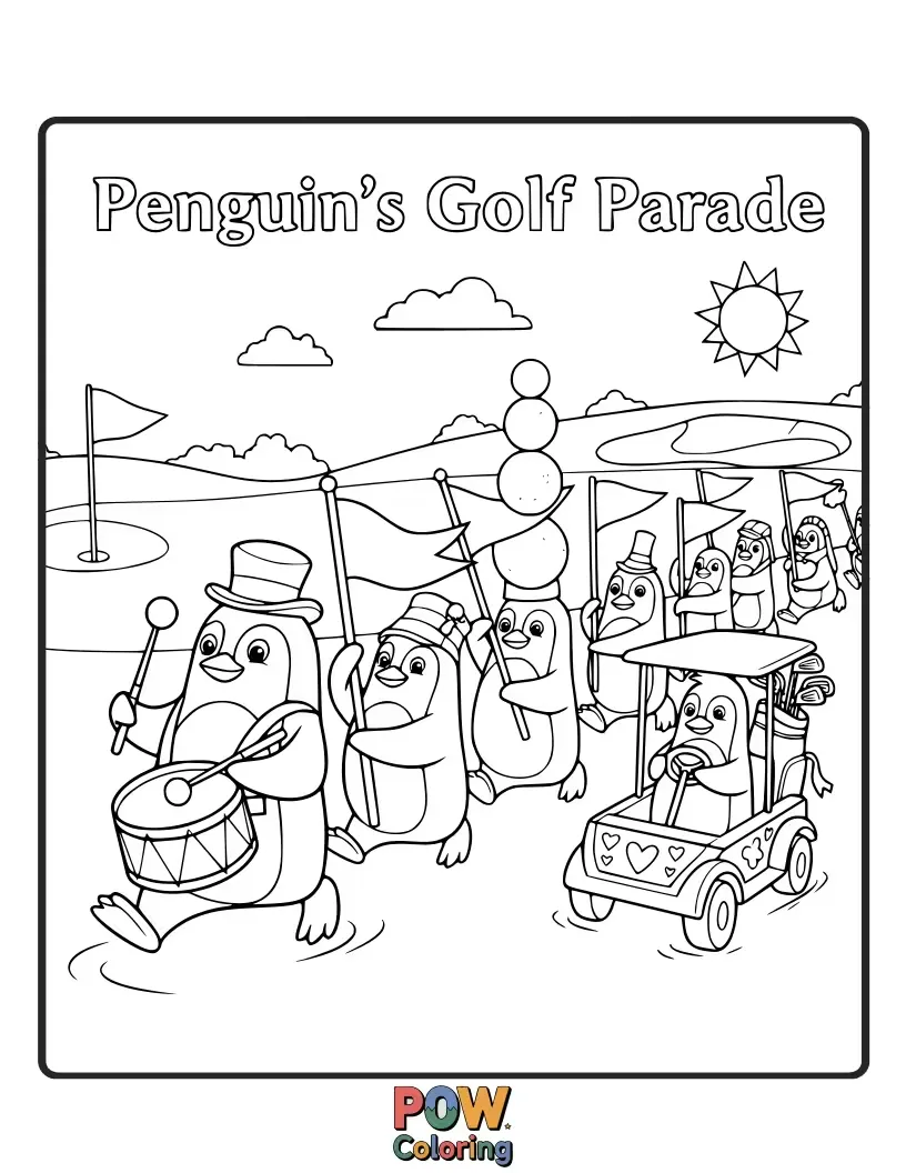 Free coloring page of A line of adorable penguins waddling onto the golf course, each holding a different sized club.
