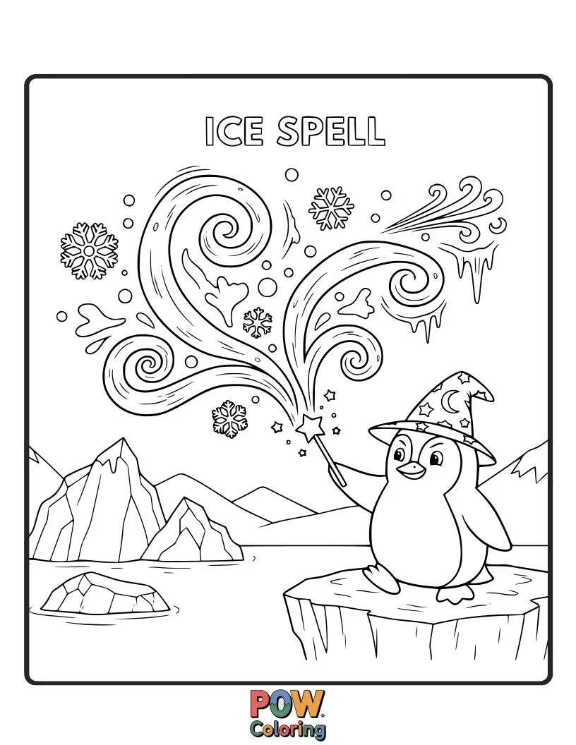 Free coloring page of A dapper penguin is trying to cast an ice spell, but it’s just making a tiny, cute puddle.