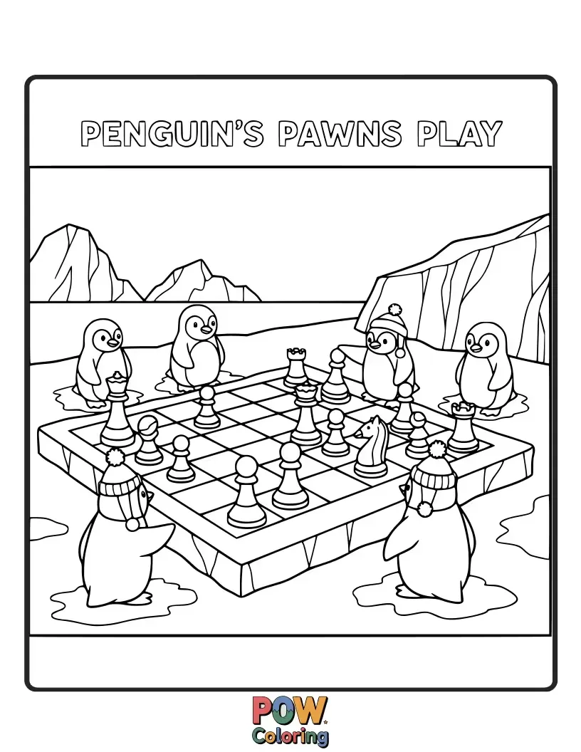Free coloring page of Adorable penguins waddling across the board, sliding their pawns with happy flippers in a chilly, fun game.