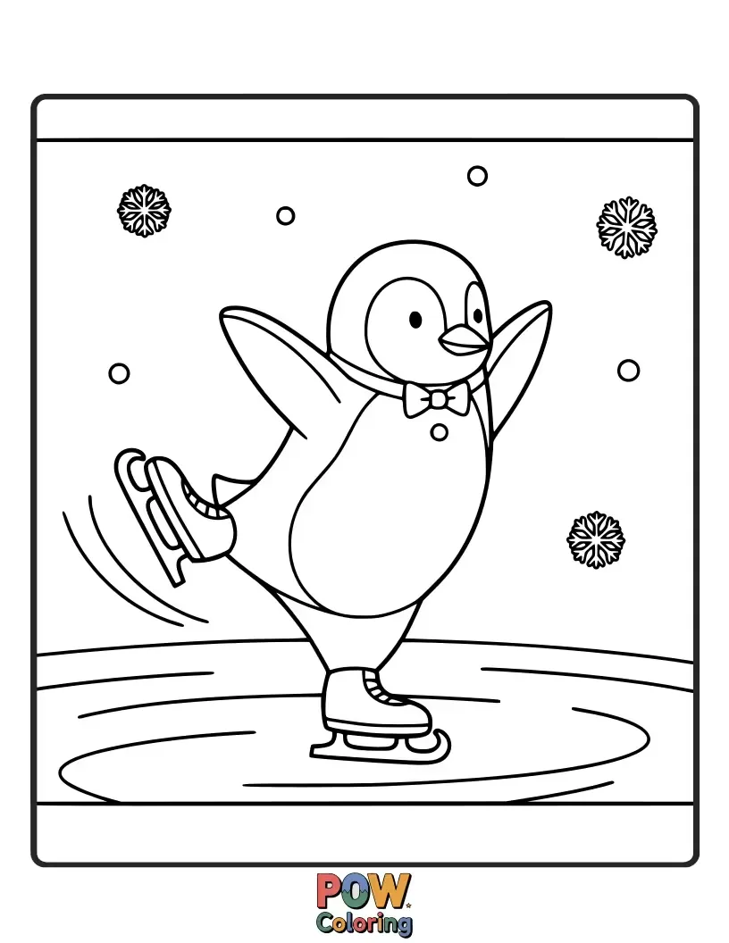Free coloring page of A determined penguin, focusing intensely, executes a flawless pirouette on an icy stage. Cool composure!