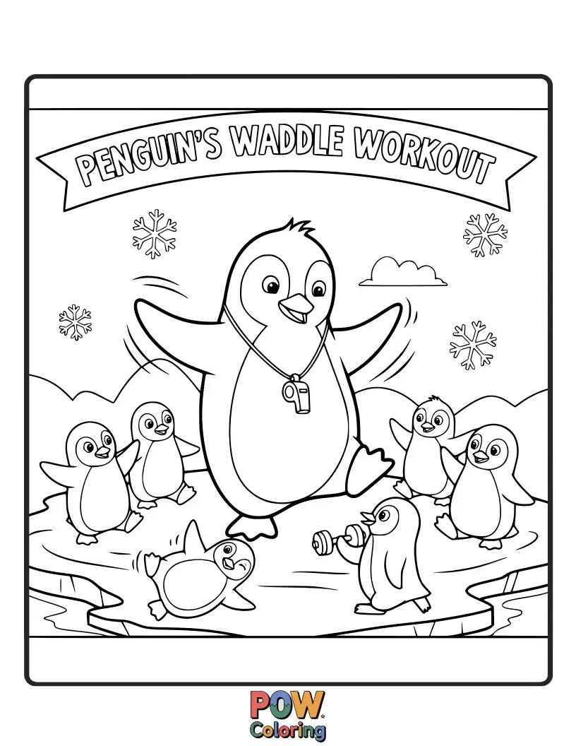 Free coloring page of A cheerful penguin in tiny gym shorts gleefully sliding and doing leg lifts on an icy gym floor.
