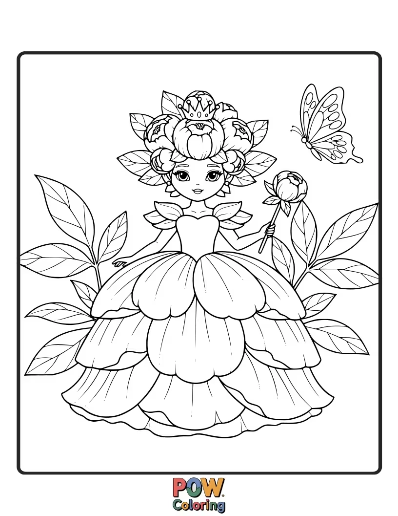 Free coloring page of A gentle princess nestled amongst large, beautiful peony blooms, enjoying their fragrance.