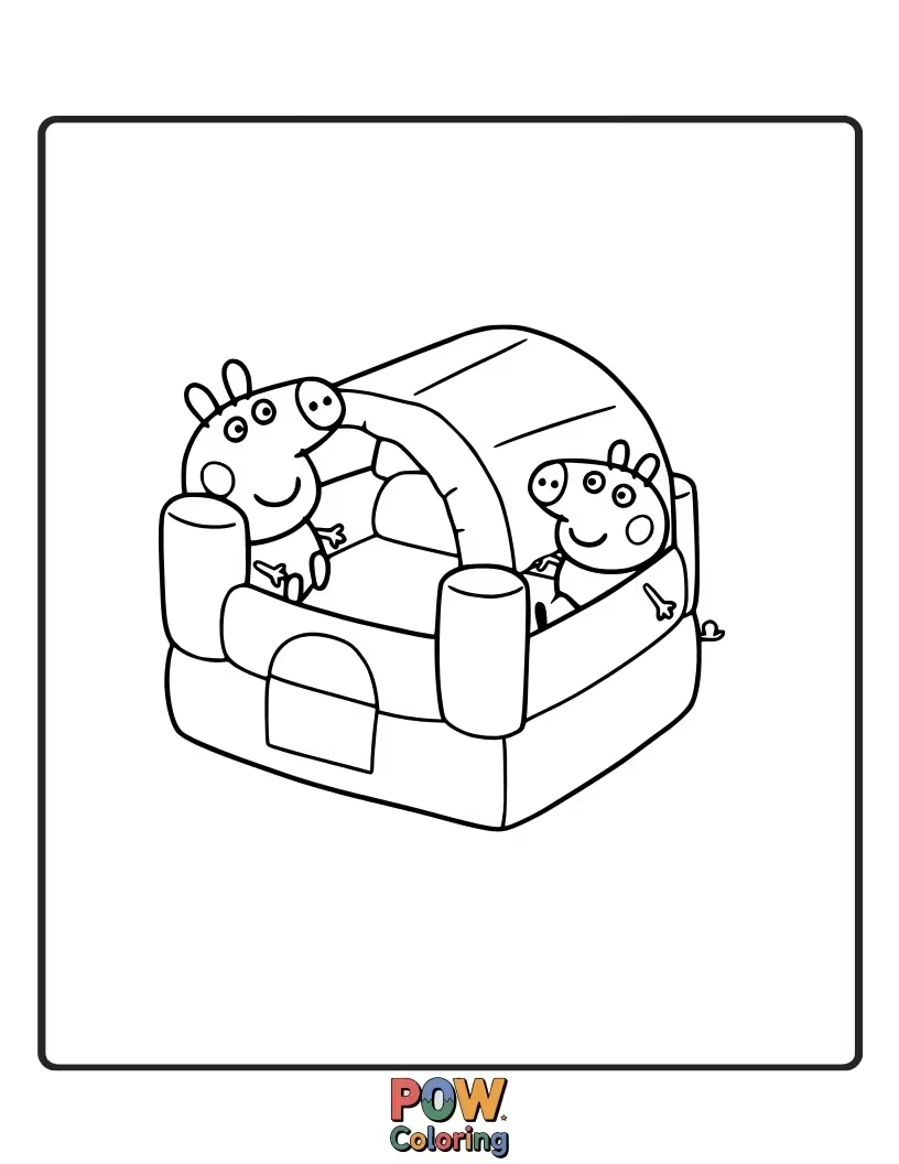 Free coloring page of Peppa and George are bouncing on their beds with extreme enthusiasm, making springs fly everywhere.