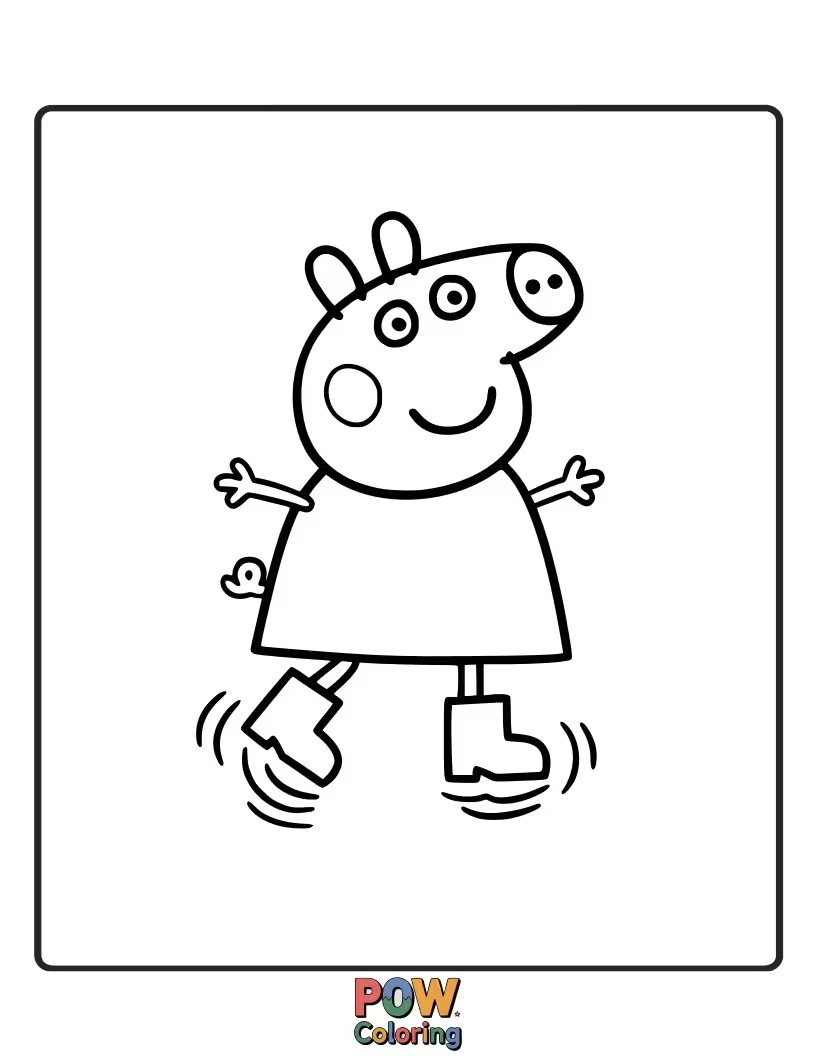 Free coloring page of Peppa is wearing special bouncy boots and doing a funny dance, leaping high into the air.