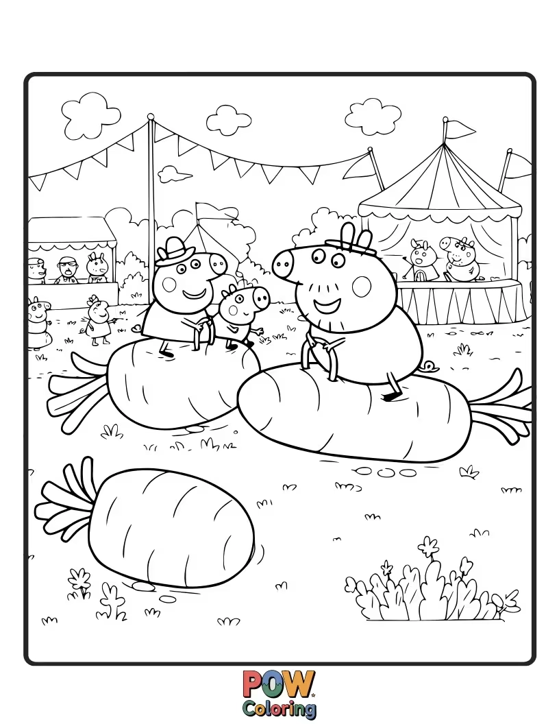 Free coloring page of Peppa is surrounded by carrots that are all bouncing around like excited little creatures.