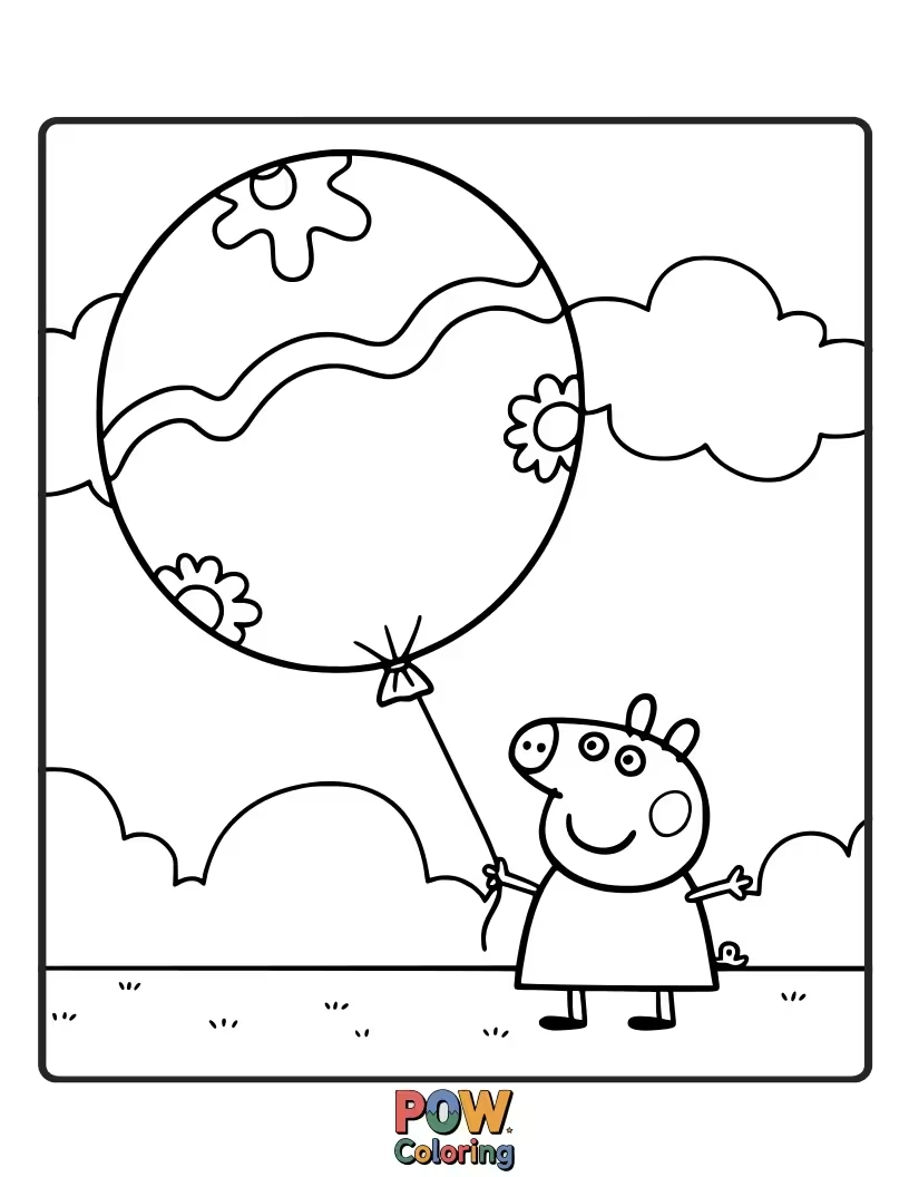 Free coloring page of Peppa Pig bounces higher and higher on an oversized, wobbly balloon, looking a little too excited.