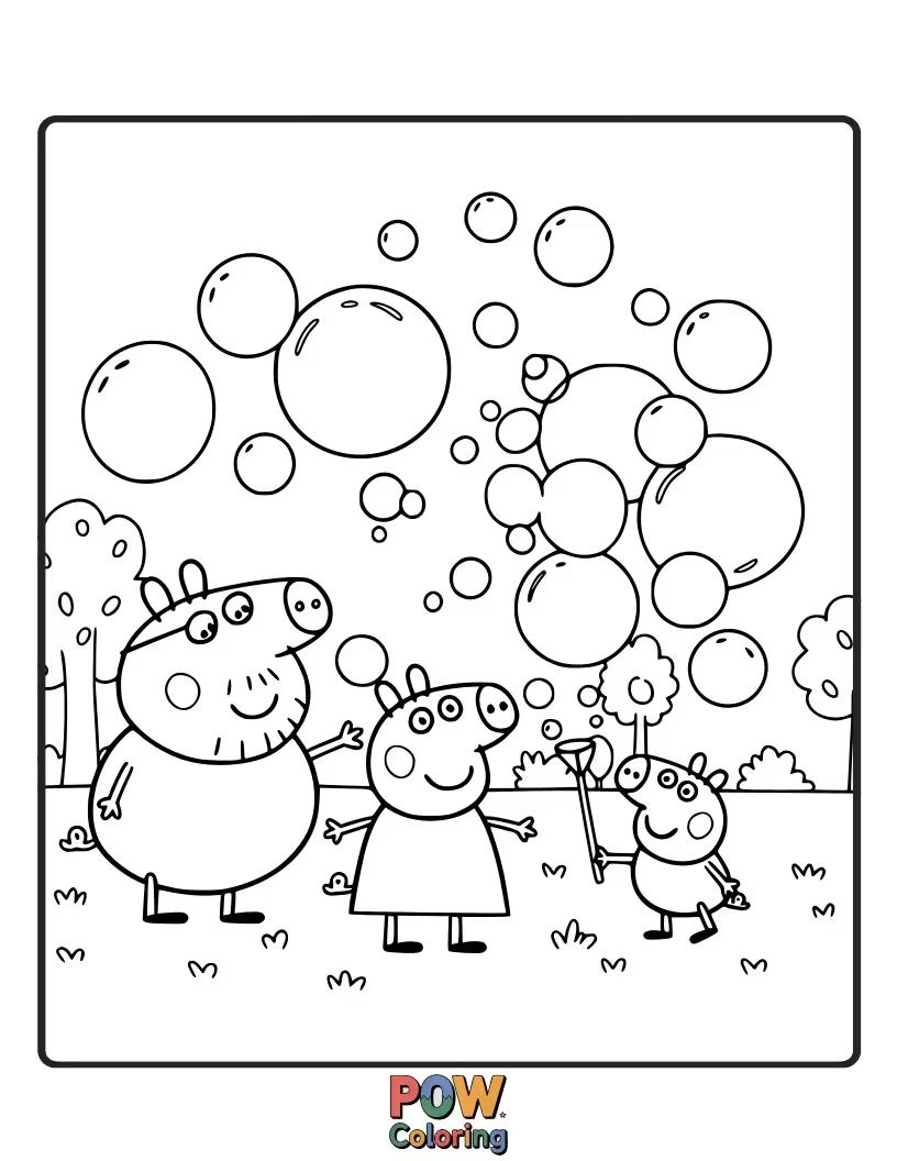 Free coloring page of Peppa is trying to blow the biggest bubble ever, and it's so large it’s about to engulf her!