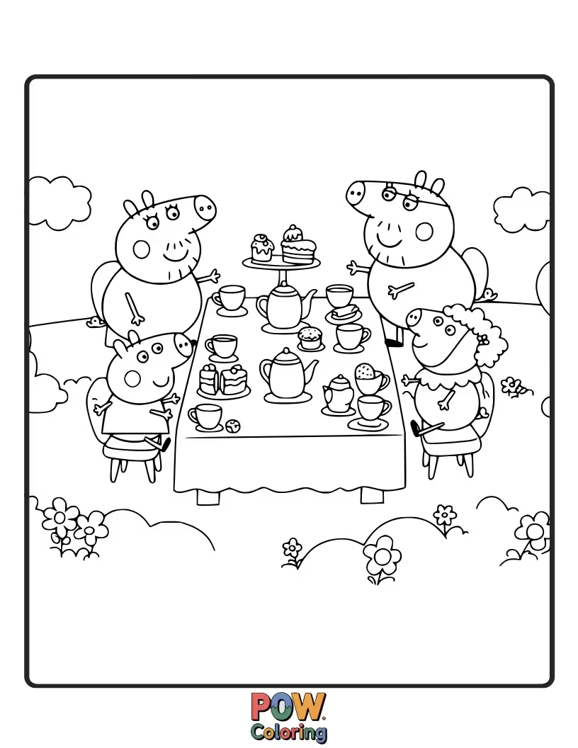 Free coloring page of Peppa's tea party is taking place on a giant lily pad, and it’s slowly drifting away.