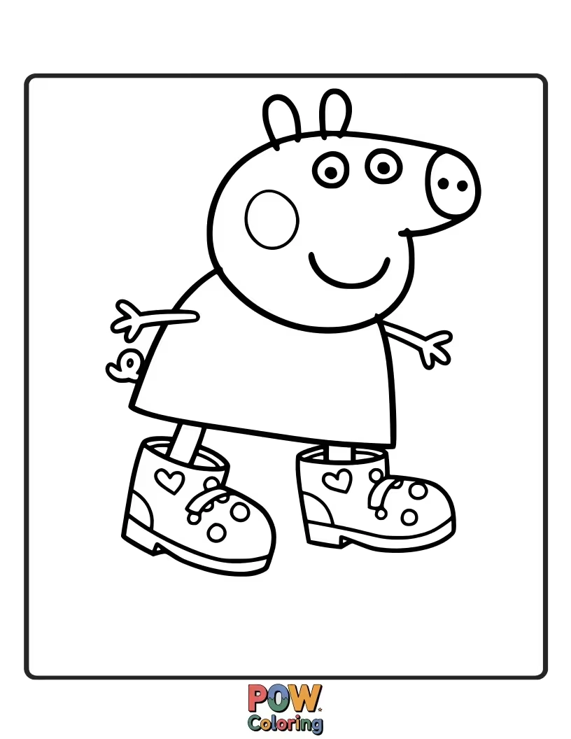Free coloring page of Peppa is wearing special floaty boots, and she’s bouncing around with unexpected buoyancy.