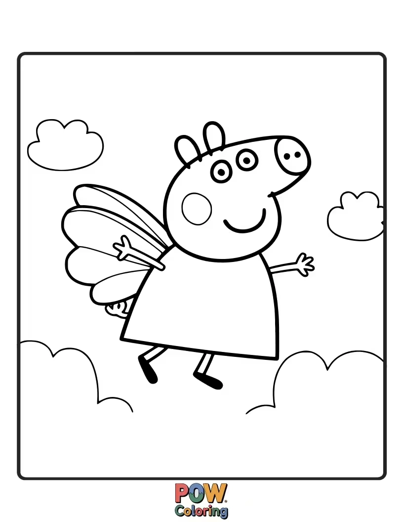 Free coloring page of Peppa's favorite dress has become enchanted and is floating gently around her like a kite.