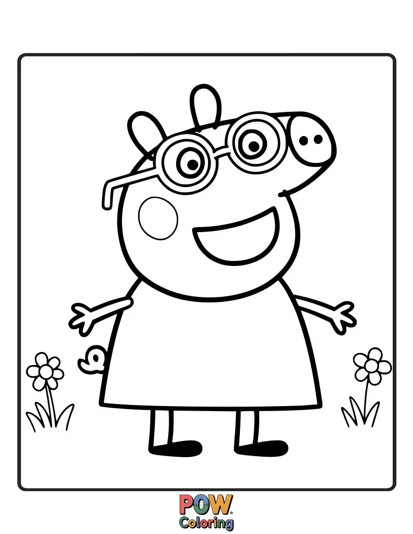 Free coloring page of Peppa has put on glasses that make everyone’s faces wiggle and wobble comically.