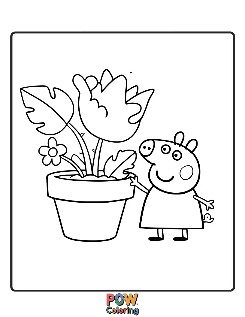 Free coloring page of Peppa is watering a plant that giggles when it gets wet, making her laugh.