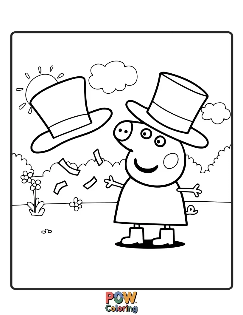 Free coloring page of Peppa tries on all of Granny and Grandpa Pig's funny hats, each one comically too big or too small.