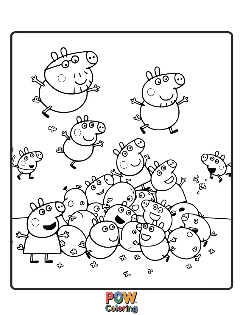 Free coloring page of Peppa has discovered a bag of jumping beans, and they're bouncing everywhere, even on her head!