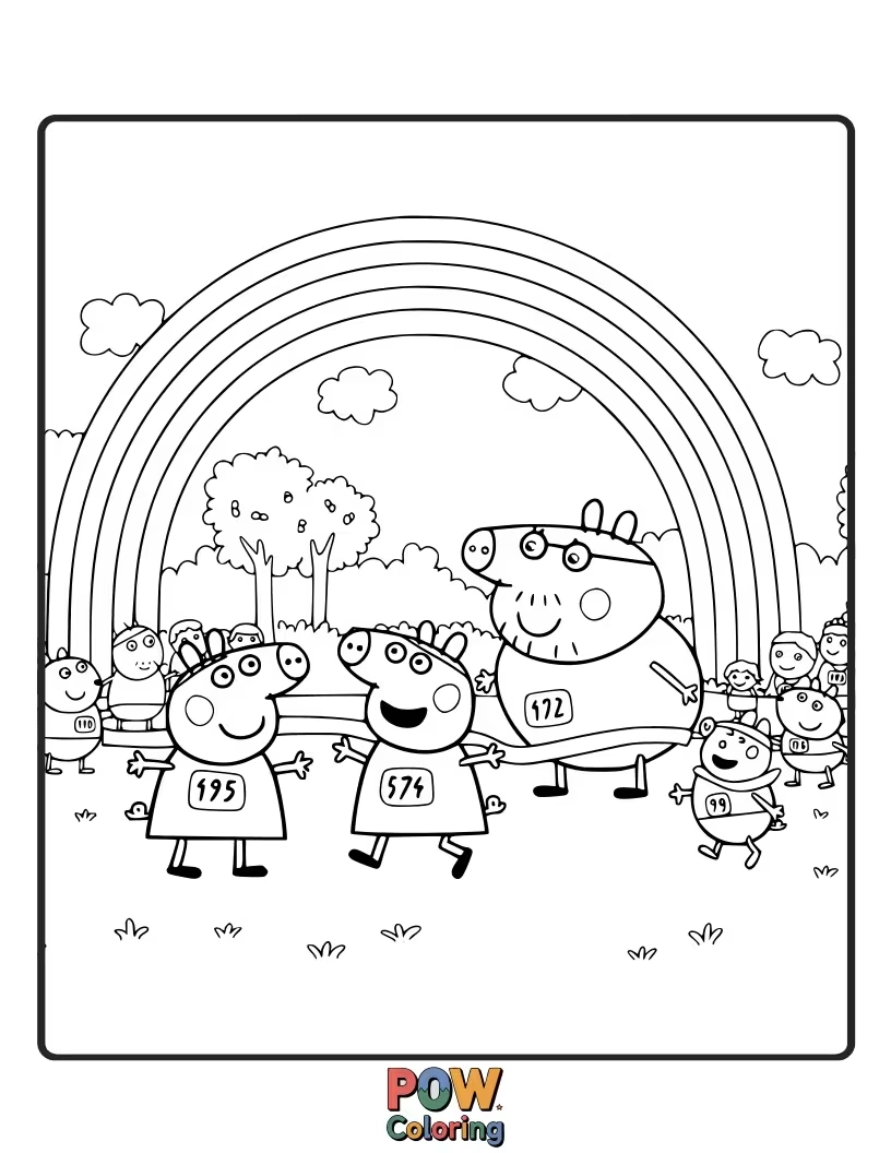 Free coloring page of Peppa is running through a rainbow, leaving a trail of colorful splatters behind her.
