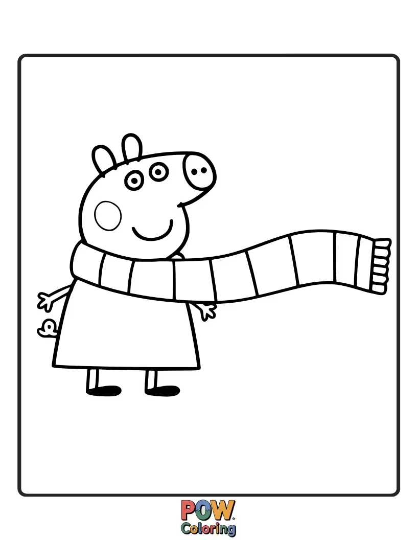 Free coloring page of Peppa is wearing a very long scarf that’s swirling and twirling around her like a colorful snake.
