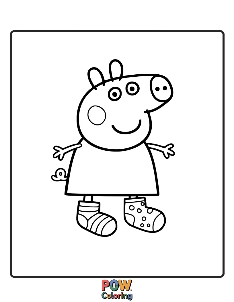Free coloring page of Peppa is wearing mismatched socks on every foot, and they're all different sizes and patterns.
