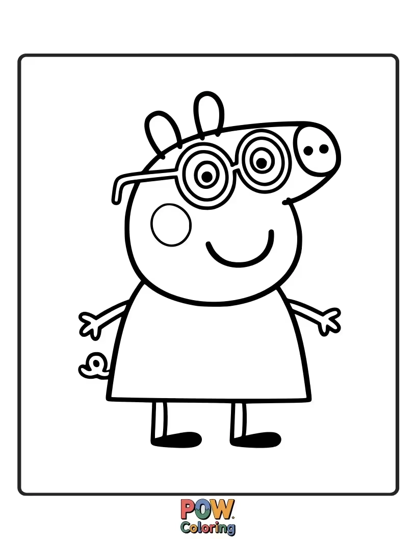 Free coloring page of Peppa finds Daddy Pig's enormous, round spectacles and wears them, making her eyes look comically huge.