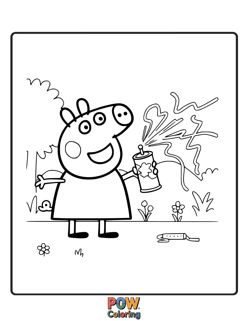 Free coloring page of Peppa has accidentally let loose a huge amount of silly string, covering herself and her friends.