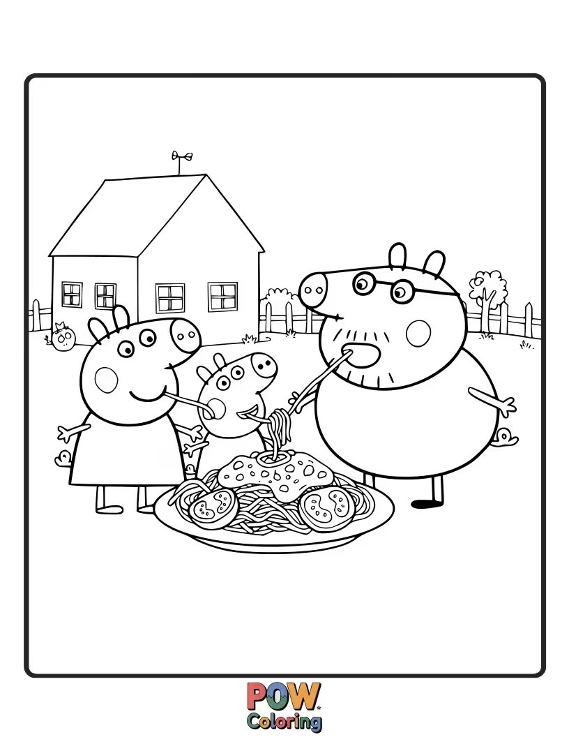 Free coloring page of Peppa accidentally makes spaghetti for breakfast, and it’s all tangled around the table and everyone's heads!